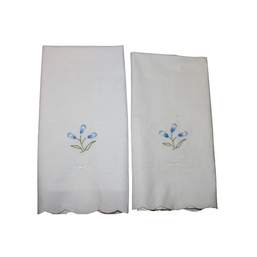 Set of 2 Vintage Hand Towels Blue Floral Embroidery, Scalloped Edge